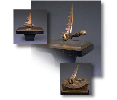 Design Mode bronze golf sculptures on black granite pedestals