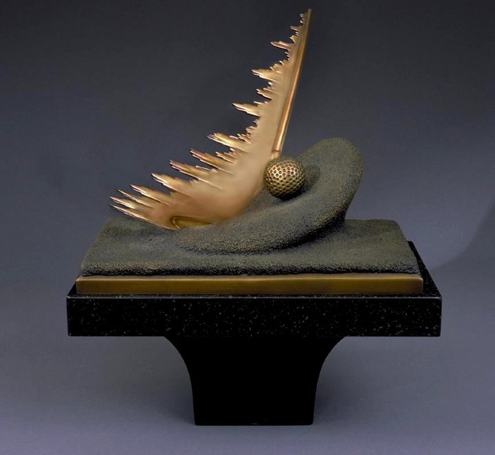 &ldquo;poof&rdquo; bronze golf sculpture on a black granite pedestal